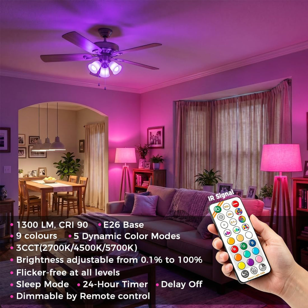 Led Light Bulb, 12W, 120 Watt Equivalent, 2700K/4500K/5700K 3CCT, 9 RGB Colors, Color Changing Light Bulb with Remote (4 Pack)