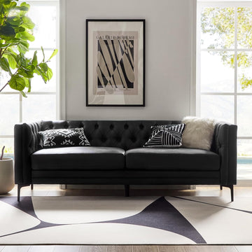 HOME 84" W Faux Leather Sofa Couch with Metal Legs, Button-Tufted 3-Seater Sofa