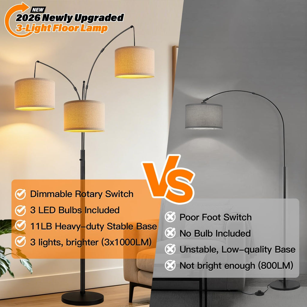 Dimmable 3 Lights Floor Lamp - 3000LM Super Bright Arc Floor Lamps, Modern Tall Standing Lamp With Beige Shades