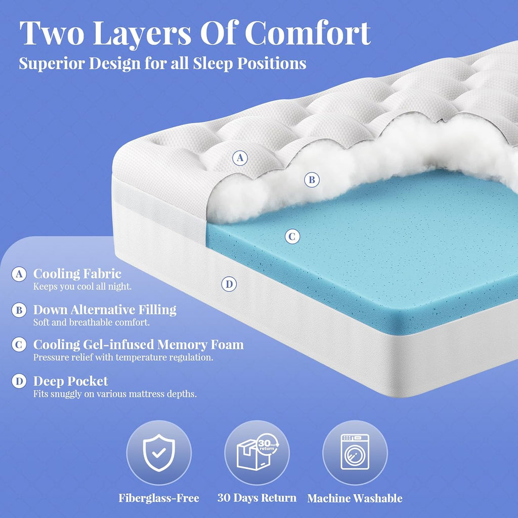 Cooling 4 Inch Full Size Dual Layer Mattress Topper, 2 Inch Gel Memory Foam, 2 Inch Soft Pillow Top Pad, Bedroom