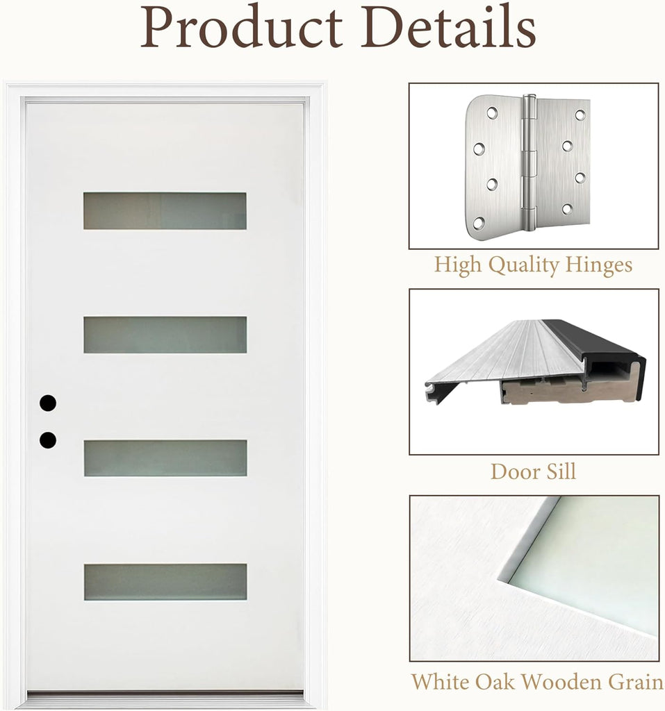 36" x 80" Fiberglass Entry Door with 4-Lite Frosted Glass - White, Right Hand Inswing, 4-9/16" Vinyl Frame