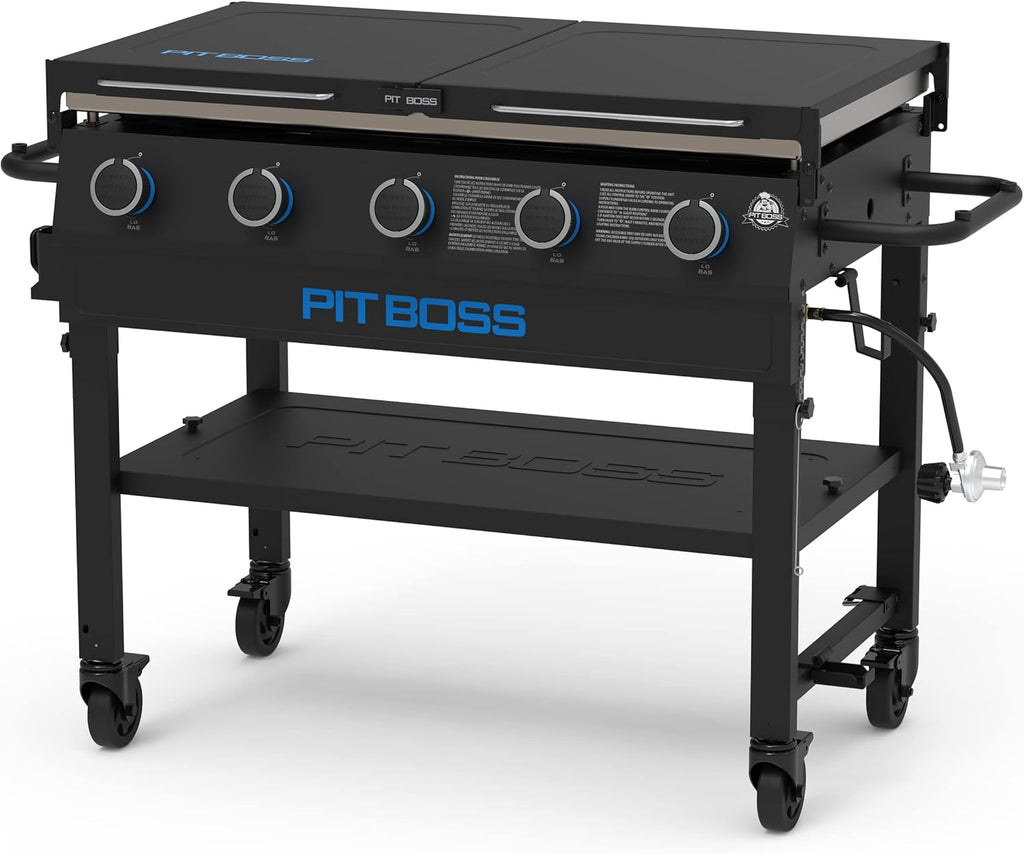 5-Burner Propane Gas Griddle with Folding Side Shelves, Black Outdoor Flat Top BBQ Grill