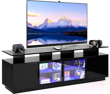 70 Inch Black TV Stand for Living Room, LED Entertainment Center for Gaming, Modern TV Cabinet Console, Transparent
