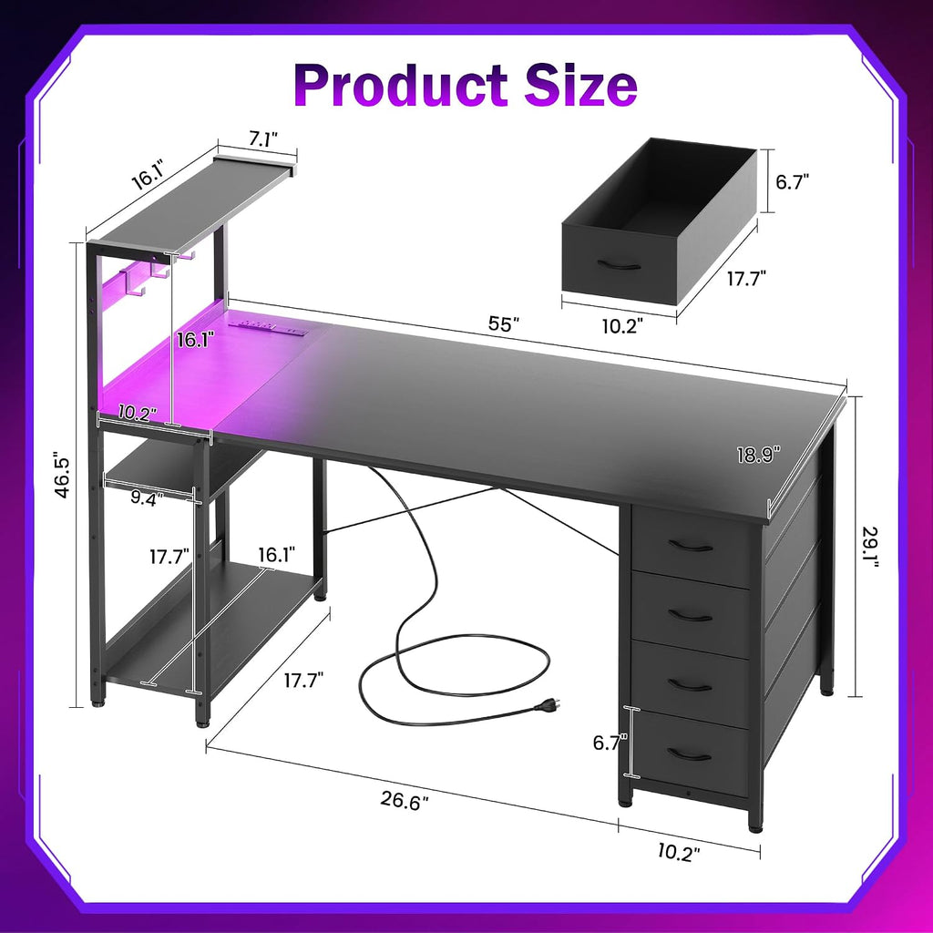 55in Gaming Computer Desk with Drawers & Storage Shelf & Iron Hook, Black