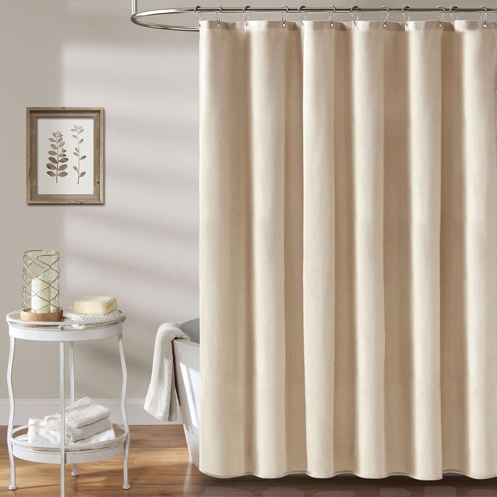 Long Linen Textured Waterproof Shower Curtain Set, 72x84, Beige/Cream | Tall Size, 230GSM Polyester, Heavy Duty