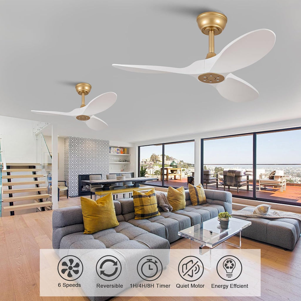 Inspired Maverick Style 36 Inch Solid Wood Ceiling Fan with Remote,White and Gold Ceiling Fan no Light, 6 Speeds, Reversible DC Motor, Modern Ceiling Fans without Lights for Outdoor Indoor Office Farmhouse Patios