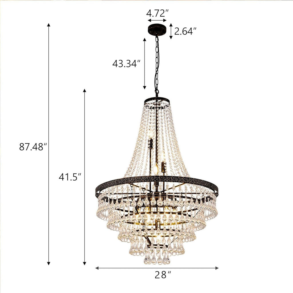 French Empire Crystal Chandeliers, Antique Bronze Chandeliers 10 Lights, Rustic Farmhouse Chandelier High Ceiling Light Fixture for Entryway, Foyer, Dining Room, Staircase, 28" W