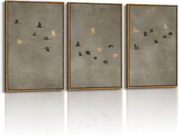 Extra Large Framed Canvas Wall Art, Living Room Minimalist Abstract Neutral Decor, Sage Green, 3 Pcs Flying Birds