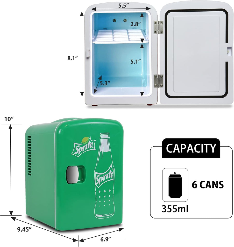 Sprite 4L Cooler/Warmer w/ 12V DC and 110V AC Cords, 6 Can Portable Mini Fridge, Personal Travel Refrigerator for