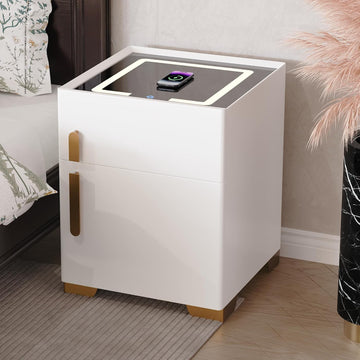 Smart Nightstand with Drawer and Safe, Nightstand with Wireless Charging, Smart Bedside Tables, LED Night Stand