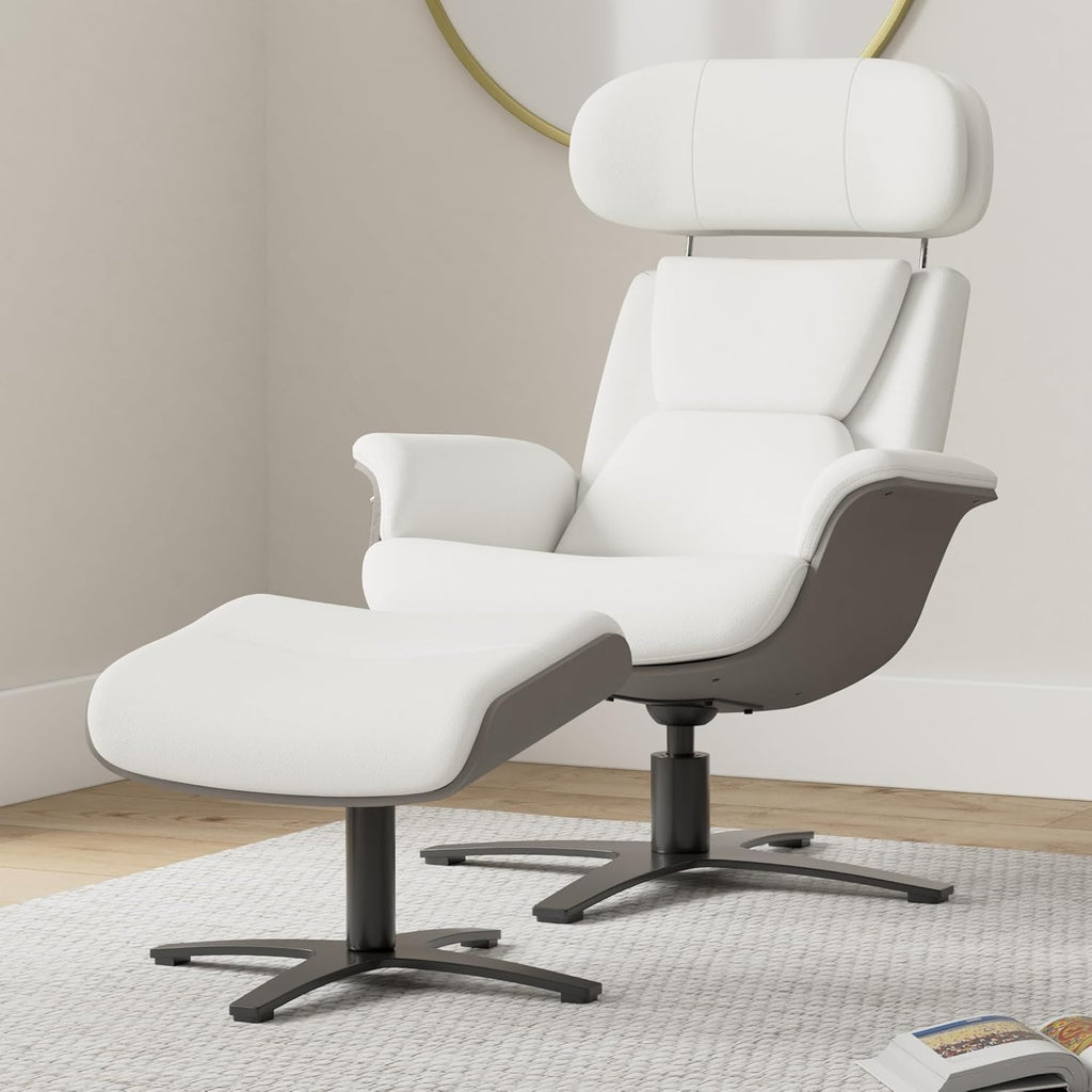 Modern Reclining Swivel Lounge Chair and Ottoman — White Genuine Leather