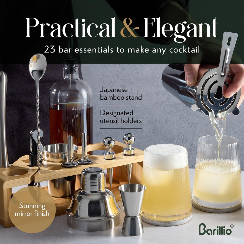Bartender Kit - Stainless-Steel Cocktail Shaker Set w/Bamboo Stand - Mixology Bar Tools w/Drink Shaker, Mixer Spoon &