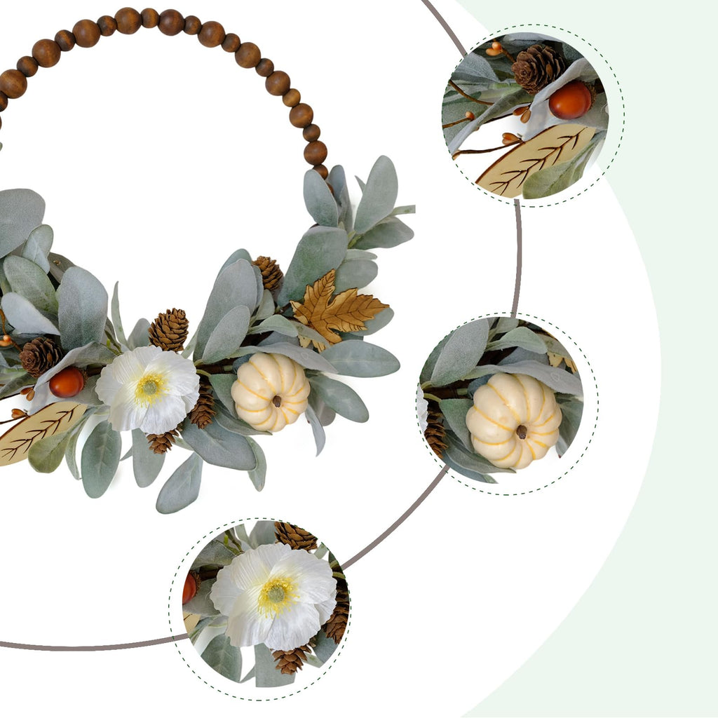 16" Fall Wood Bead Rabbit Ear Leaf Front Door Wreath, Artificial Pumpkin Wood Slice Fall Wreath Fall Harvest
