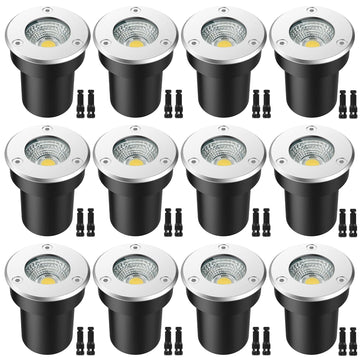 LED Landscape Lights, 12 Pack 7W Ground Lights With 24 Connectors, Low Voltage In-Ground Well Pathway Lighting, Warm