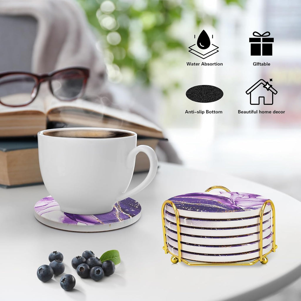 Purple Agate Coasters for drinks with Gold Holder,Absorbent Marble Coasters Set with Cork Base for Tabletop - Set of 7