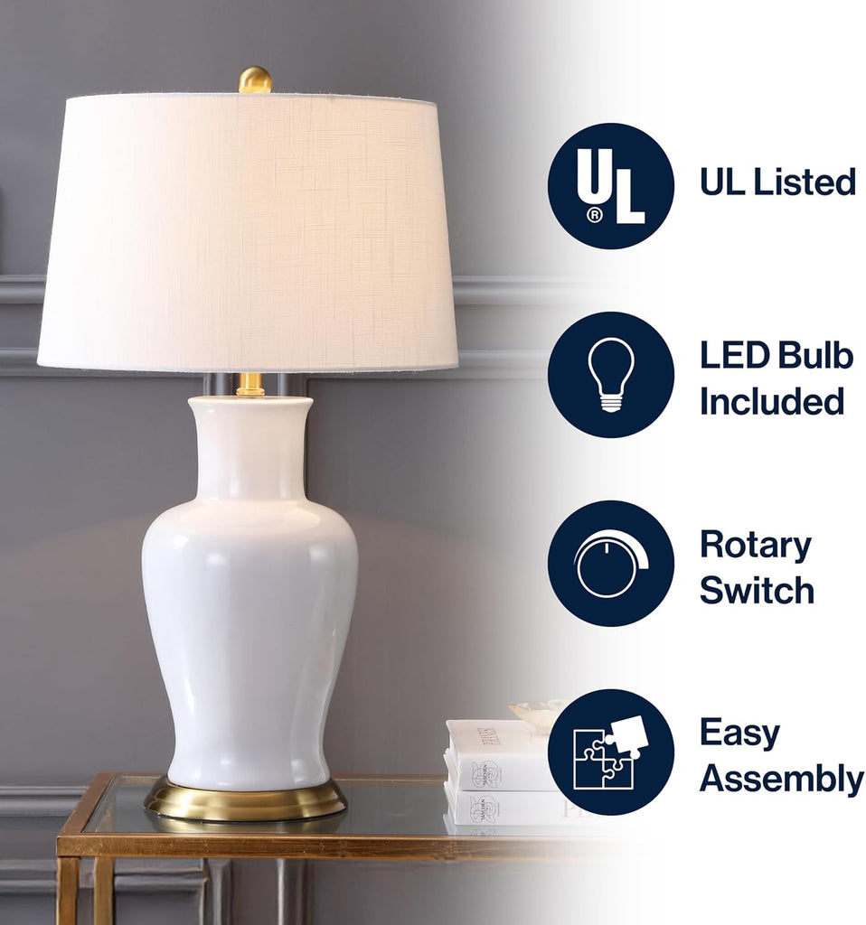 29" White/Gold Traditional Ceramic Urn LED Table Lamp Decor, White Linen Drum Shade, Classic Nightstand Lamp