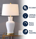 29" White/Gold Traditional Ceramic Urn LED Table Lamp Decor, White Linen Drum Shade, Classic Nightstand Lamp
