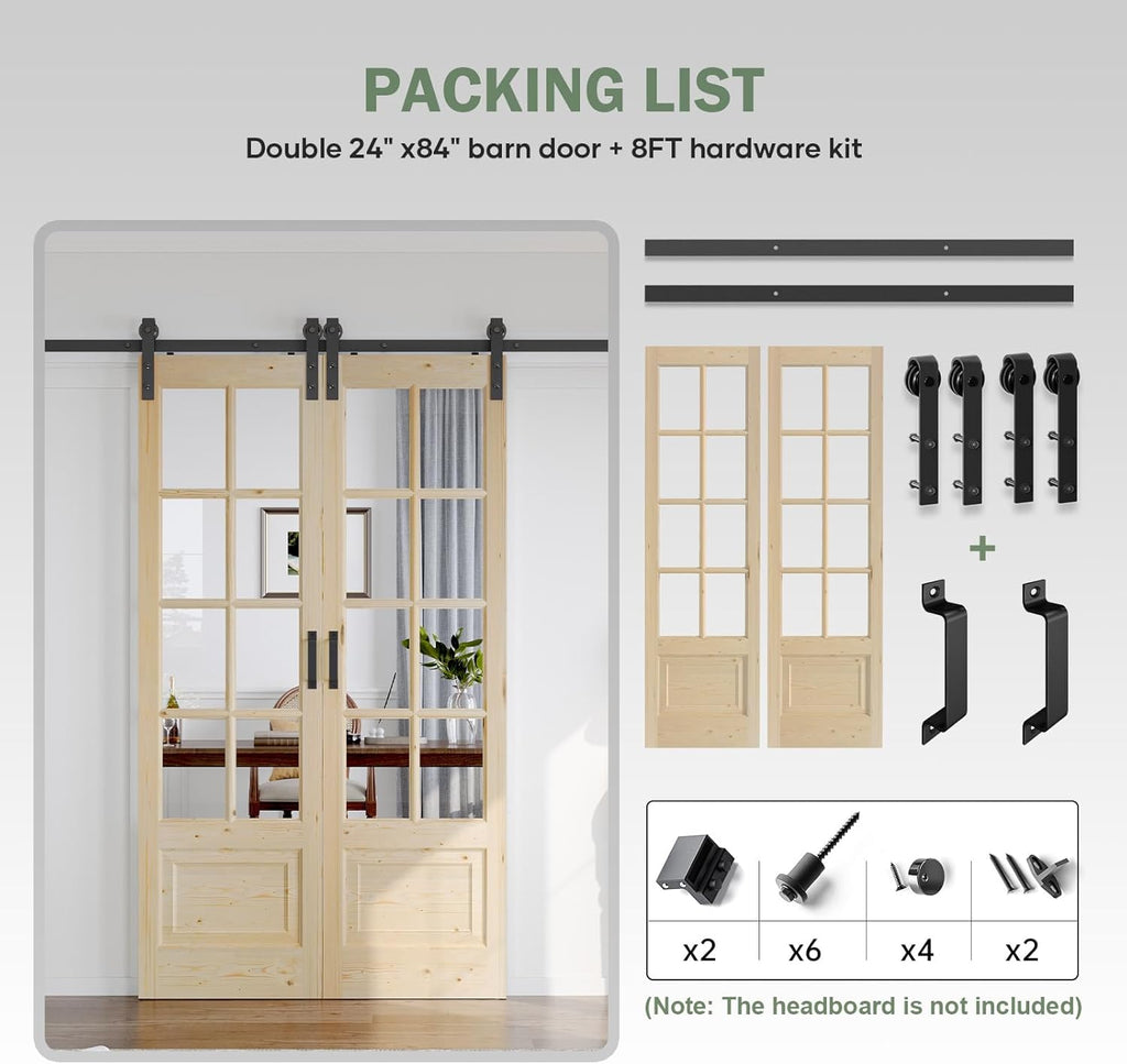 Preassembled 48x84 (Double 24x84) Inch Clear Glass French Interior Door with 8Ft Barn Door Hardware 