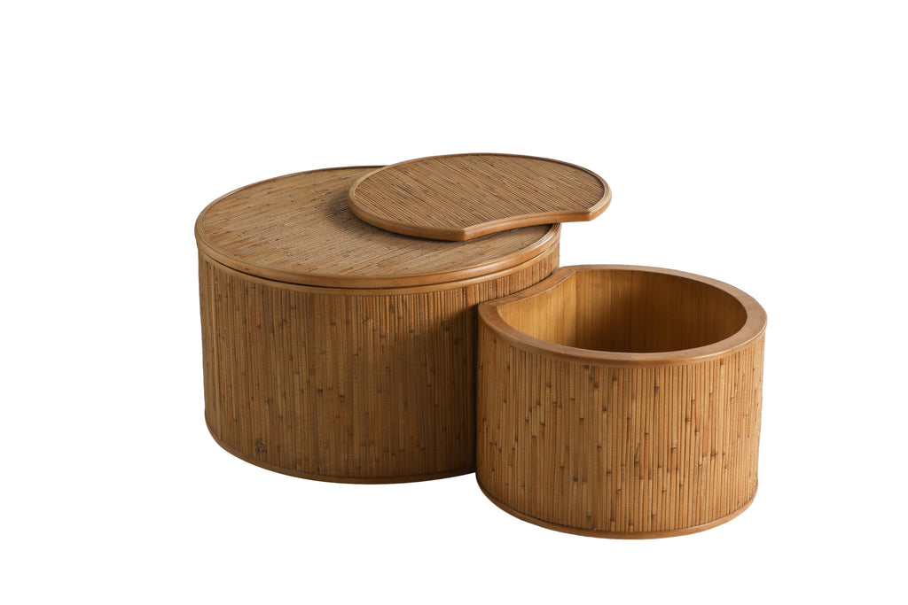 Fluted Round Nesting Coffee Table Set of 2 with Storage, Mid Century Modern Wood Coffee Tables and Set, Rattan Circle