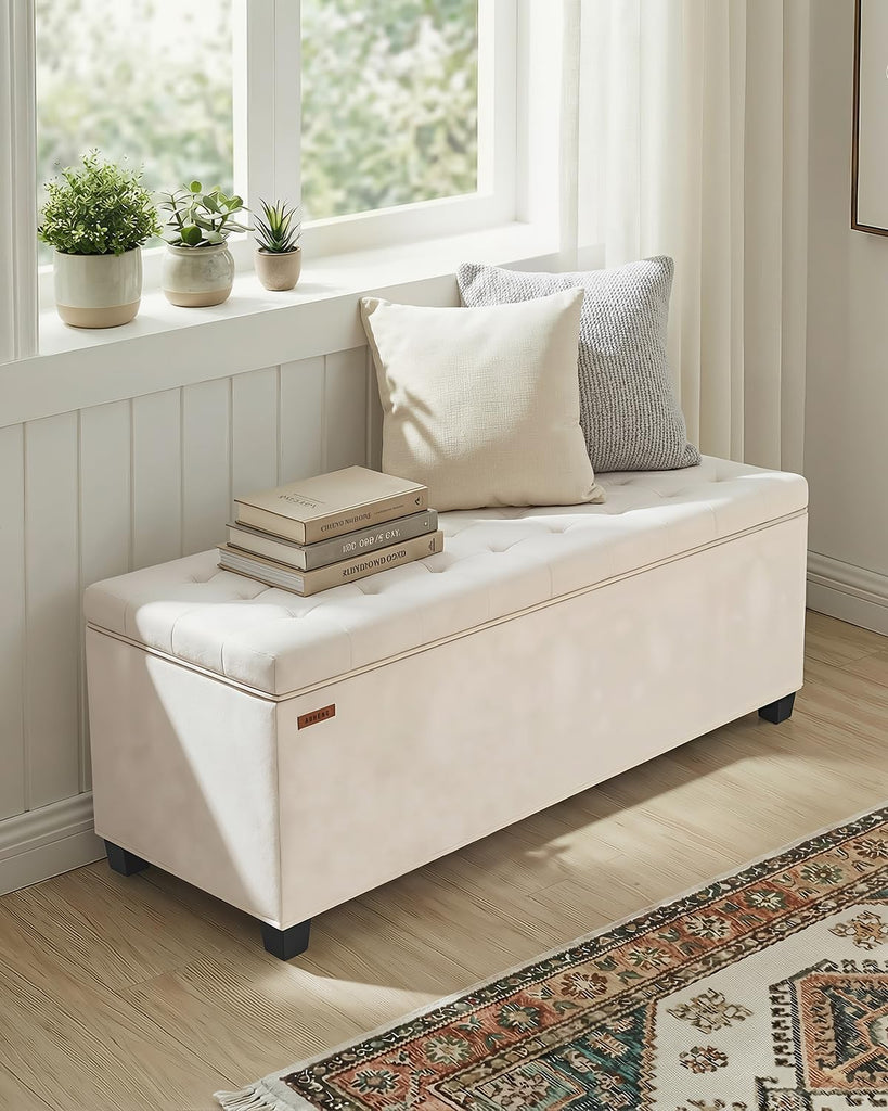 Velvet Storage ottoman bench with legs,43.5"W x 15.7"D x 15.7"H,metal frame end of bed bench hold up to 770 LB,Large
