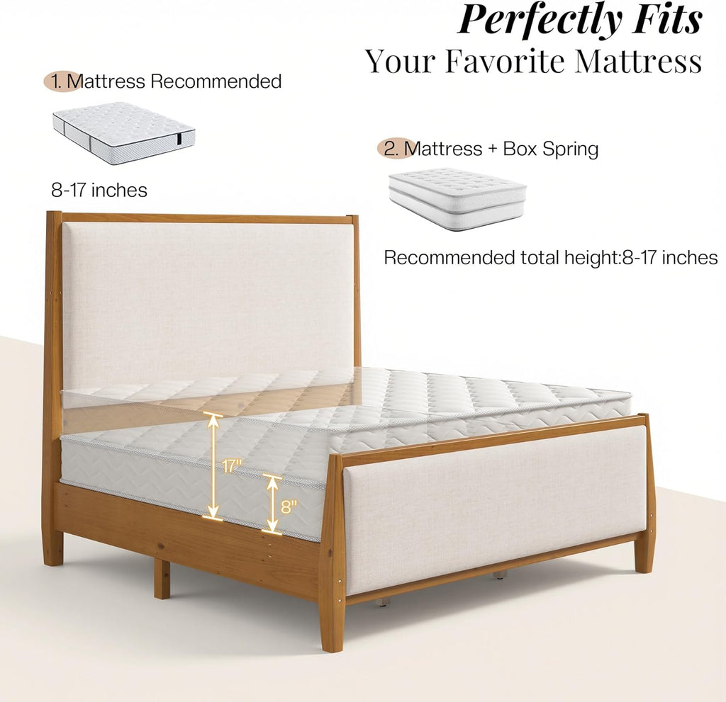 58" Tall Solid Wood King Bed Frame with Upholstered Headboard & Footboard, Wooden Platform Bedframe, No Box Spring
