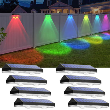 Solar Fence Lights Outdoor - Warm White & RGB 6 Color, Dusk to Dawn Solar Deck Light, Solar Lights Outdoor IP65