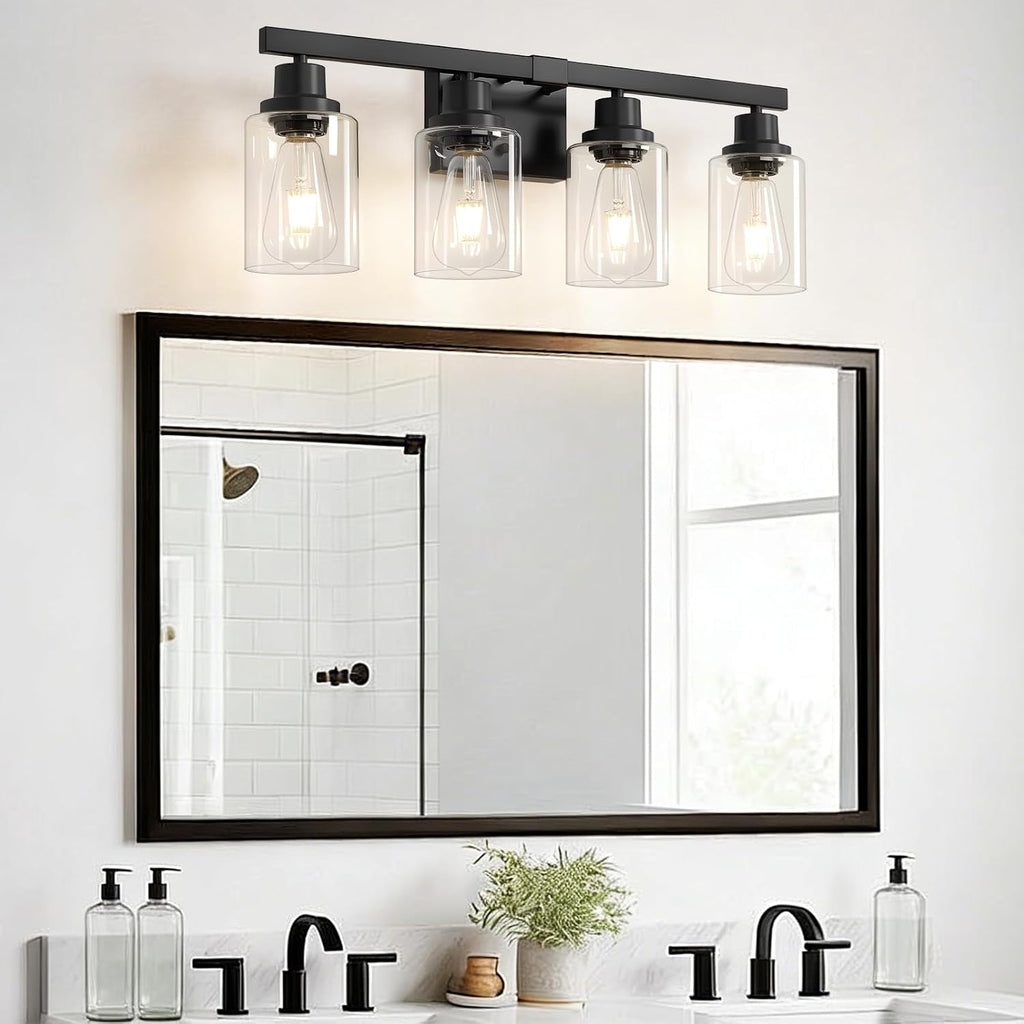 4-Light Bathroom Vanity Light, Modern Matte Black Wall Sconce Lighting with Clear Glass Shade, Bathroom Lighting