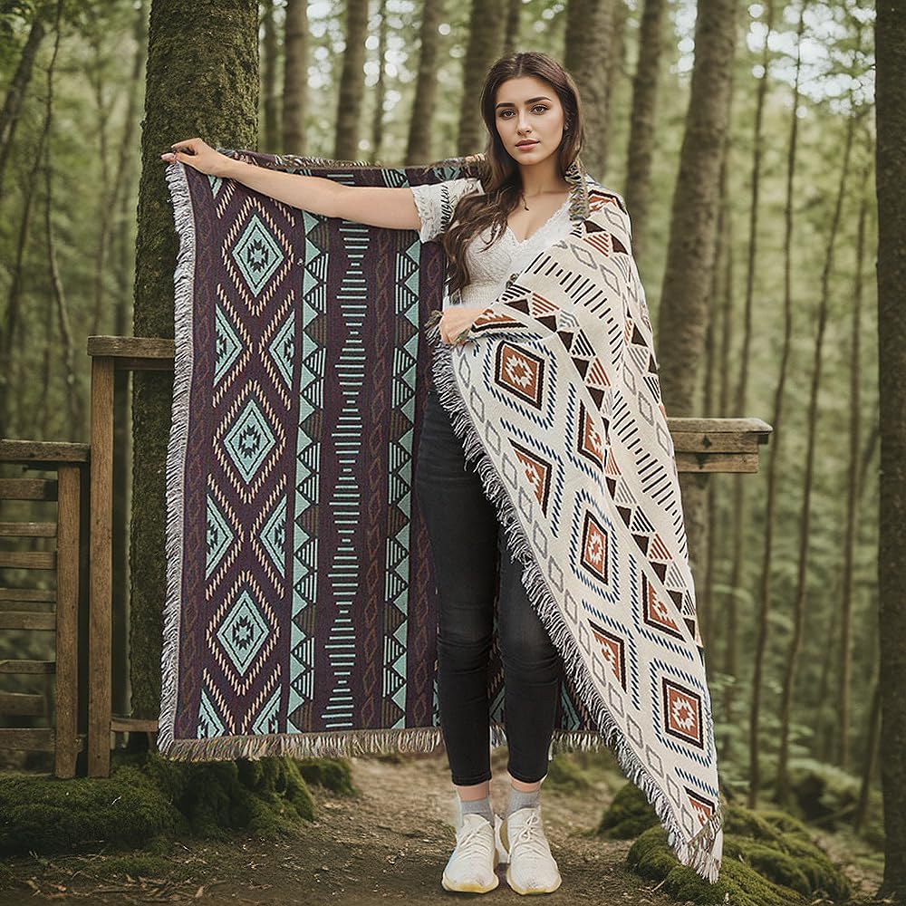 Aztec Native Throw Blankets Southwest Bed Blankets Cover 51"x63" | Navajo American Western Boho,Knit with Tassel,Tapestry,Home Sofa Couch Chair Decor,Camping Picnic Tent Beach Car Traveling