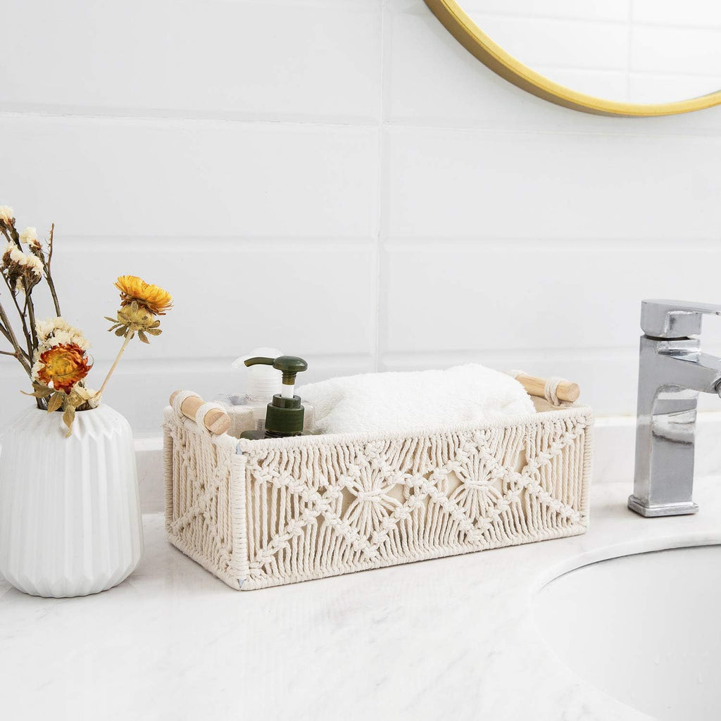 2Pc Macrame Storage Baskets, Boho Bathroom Toilet Paper Holder, Ivory | Small Baskets for Organizing, Hand-Woven