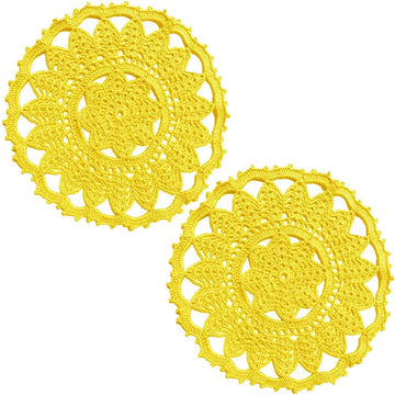2 PCS Leaves Flower Lace Doilies 9 x 9 Inch Crochet Round Coasters Dining Room Elegant Tableware Place Mats (Yellow)