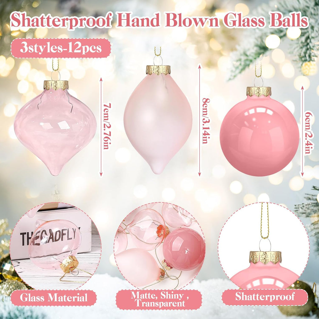 Vintage Pink Glass Christmas Ball Ornaments Set 3.15" - Set of 12