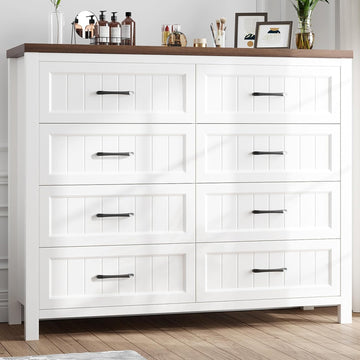 Farmhouse Dresser 8 Drawer Dresser , Large Wooden Dressers Double Grey Dresser with Deep Drawers Dressers (White and