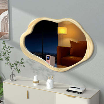 42"x 28" Irregular Wall Mirror, Natural Wood Framed Wall Mirror, Asymmetrical Wall Wavy Mirror Bedroom Entryway