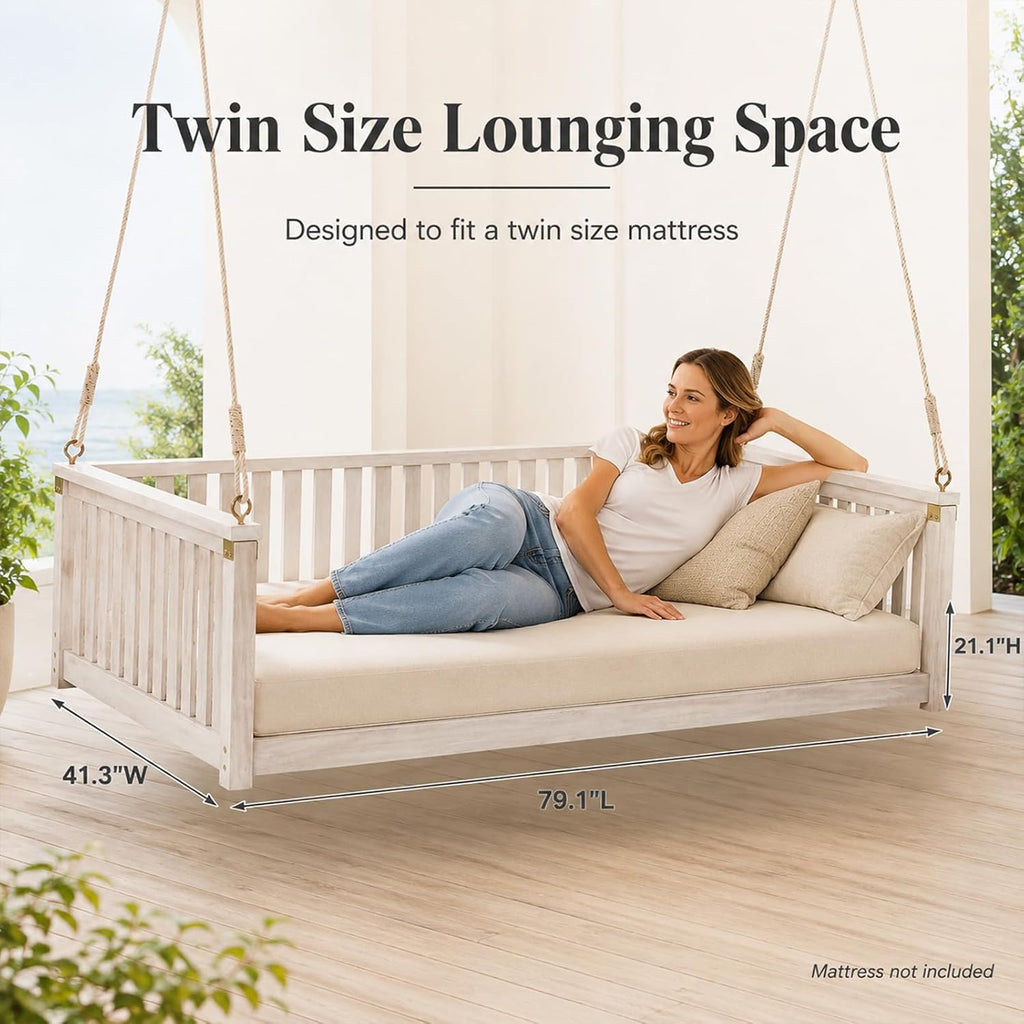 Outdoor Porch Swing Bed, Twin Size Acacia Wood Hanging Daybed with Hemp Ropes, Minimalist Patio Swing Bed for Garden