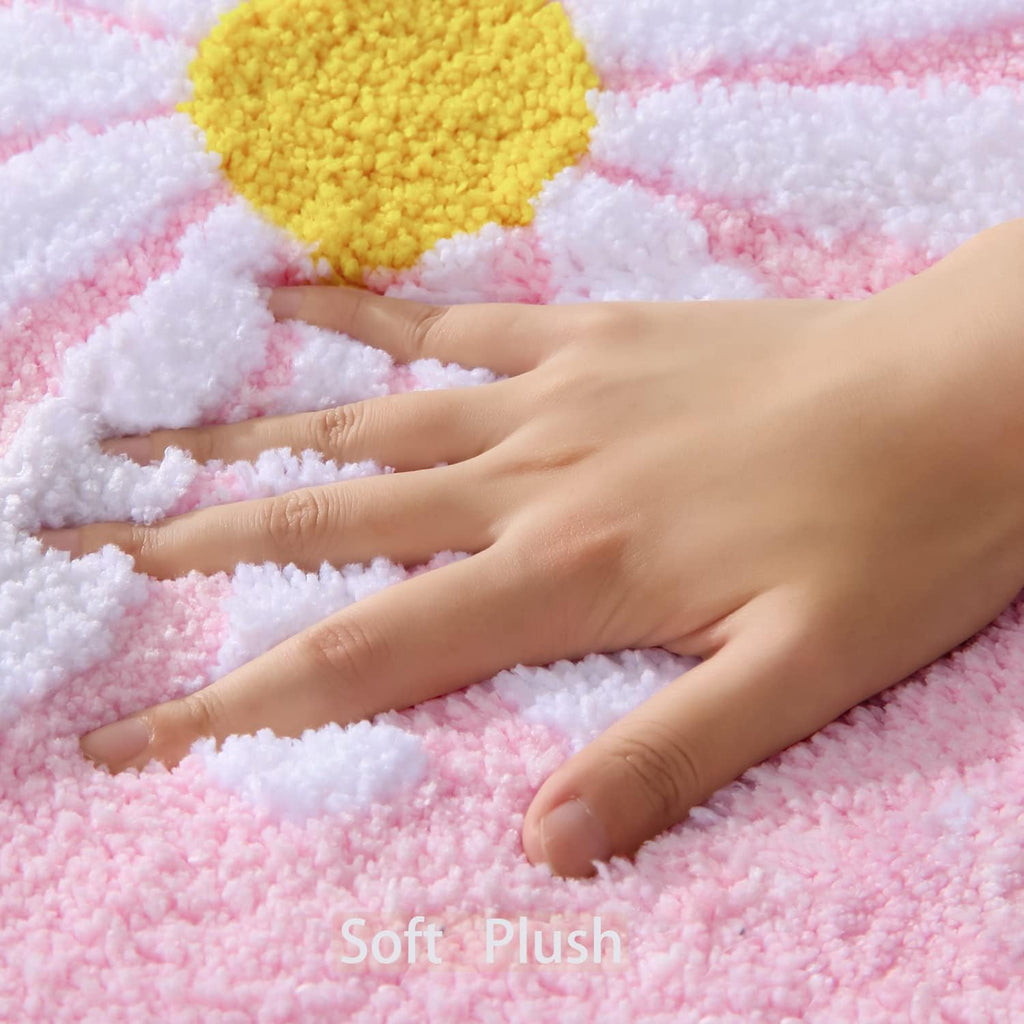 Bathroom Rugs Sets 2 Piece Cute Daisy Bath Mat Pink Toilet Rug U Shaped, Flower Deocr Bathroom Set Non Slip Contour
