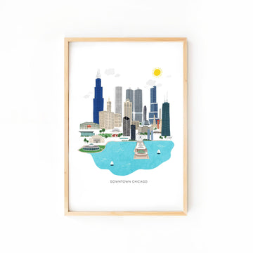Chicago City Skyline Print 12x16 | Wall | Illustration | Buildings | Downtown | Cityscape | Illinois | Trendy
