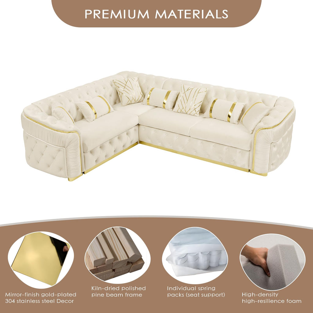Oversize Luxury Sectional Couch 110.5" Velvet Chesterfield Sofa, Cream White and Gold Sofas with Metal Accents