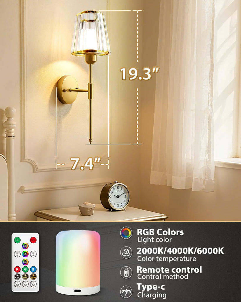 Crystal Battery Operated Wall Sconces Set of Two, Gold Rechargeable Wall Lights with 10000mAh Dimmable Magnetic Bulb