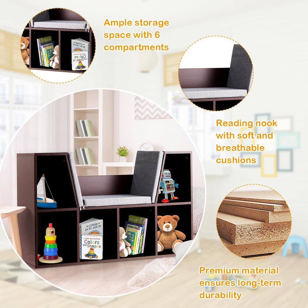 Kids Bookshelf with Reading Nook, 6 Cubby Bookcase with Soft Seat Cushion, Wooden Toy Storage Organizer with Bench