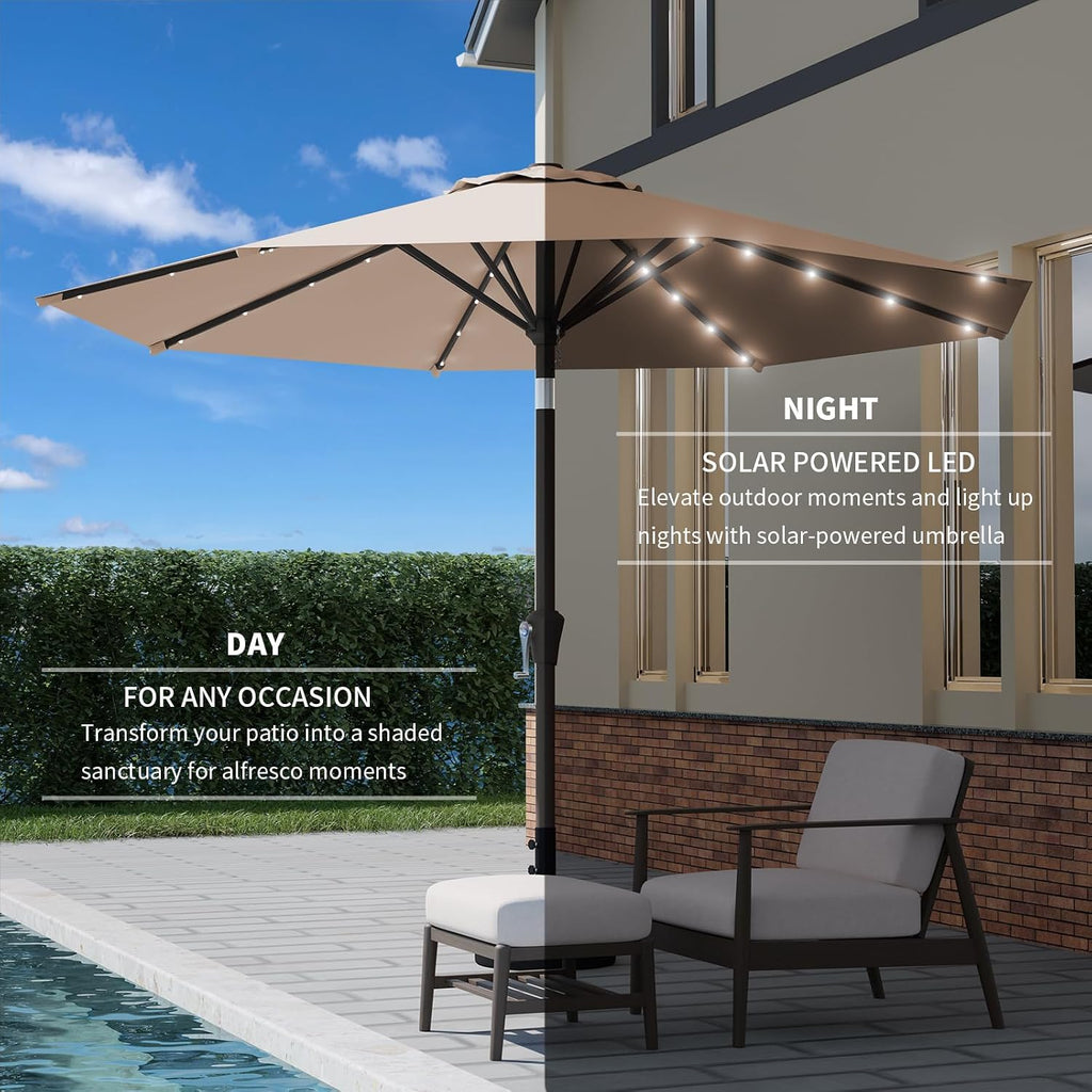 9FT Patio Umbrella with Solar Lights,Outdoor Market Umbrella with Tilt and Crank