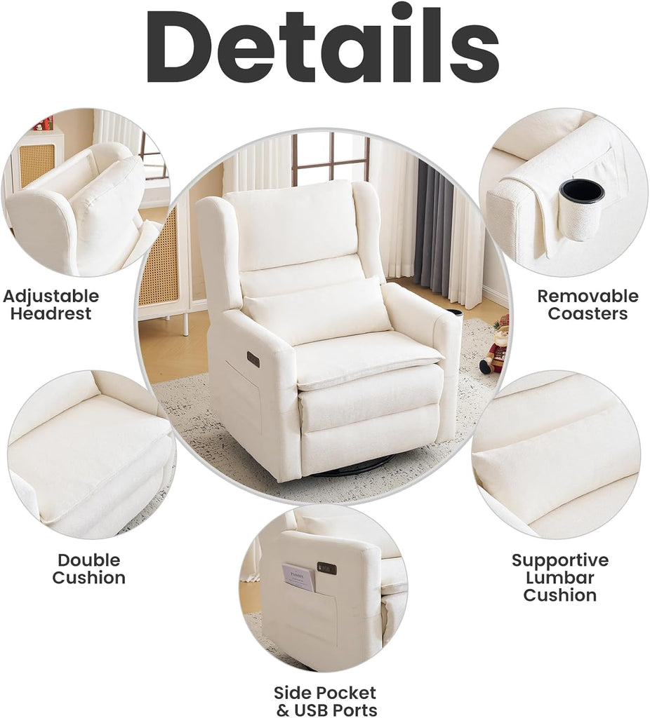 Power Recliner Chair Swivel Glider with Adjustable Headrest,Oversized Swivel Rocker Recliner with Lumbar Support