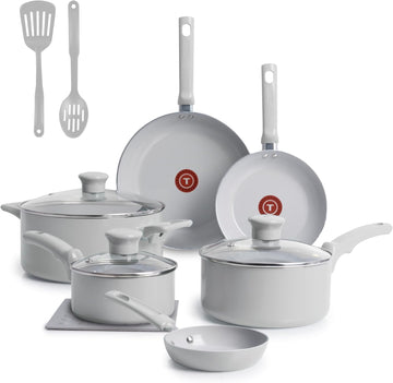 Refresh Ceramic Nonstick Pots and Pans Set, 12-Piece, Moon Grey | Recycled aluminum body, Thermo-Spot heat indicator