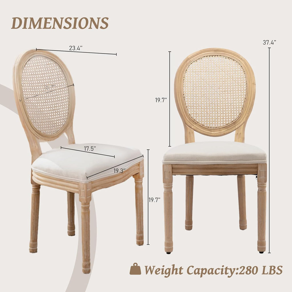French Country Dining Chairs Set of 4,Farmhouse Upholstered Dining Room Chairs with Round Back and Solid Leg,Rattan