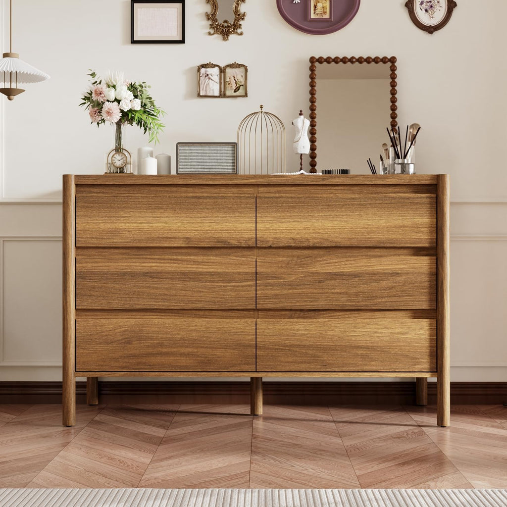 47.2" W 6-Drawer Dresser with Solid Wood Legs, Mid Century Modern Closet Chest of Drawers with no Handles Design