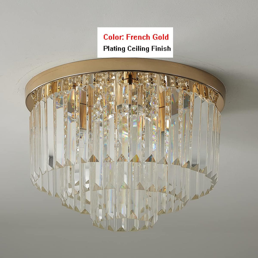 Modern French Gold Crystal Chandelier Ceiling Light,16" Semi Flush Mount 5-Lights 3-Tier Crystal Round Chandelier