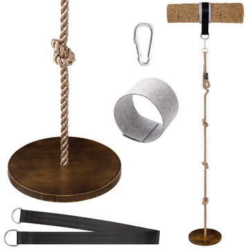 Wooden Round Disc Rope Swing 51"-73" Adjustable Climbing Rope Tree Swing with Hanging Strap Snap Hook and Felt