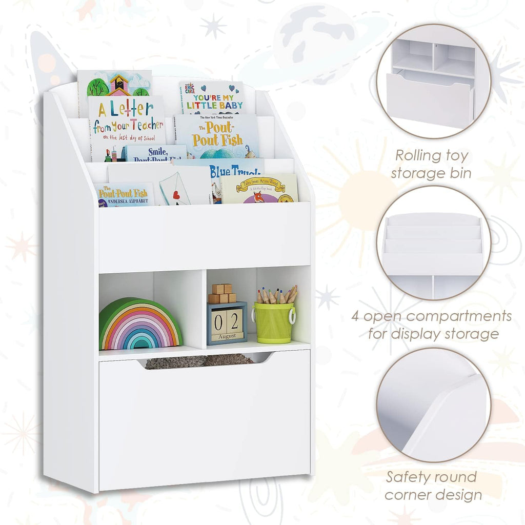 Kids Bookshelf with Movable Toy Box, Toddler Book Shelf and Toy Storage, Children Book Display Rack Toy Chest Combo