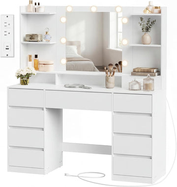 Vanity Desk with Mirror and Lights, Makeup Vanity Table with Power Outlets, 9 Drawers Storage Dressing Table , White