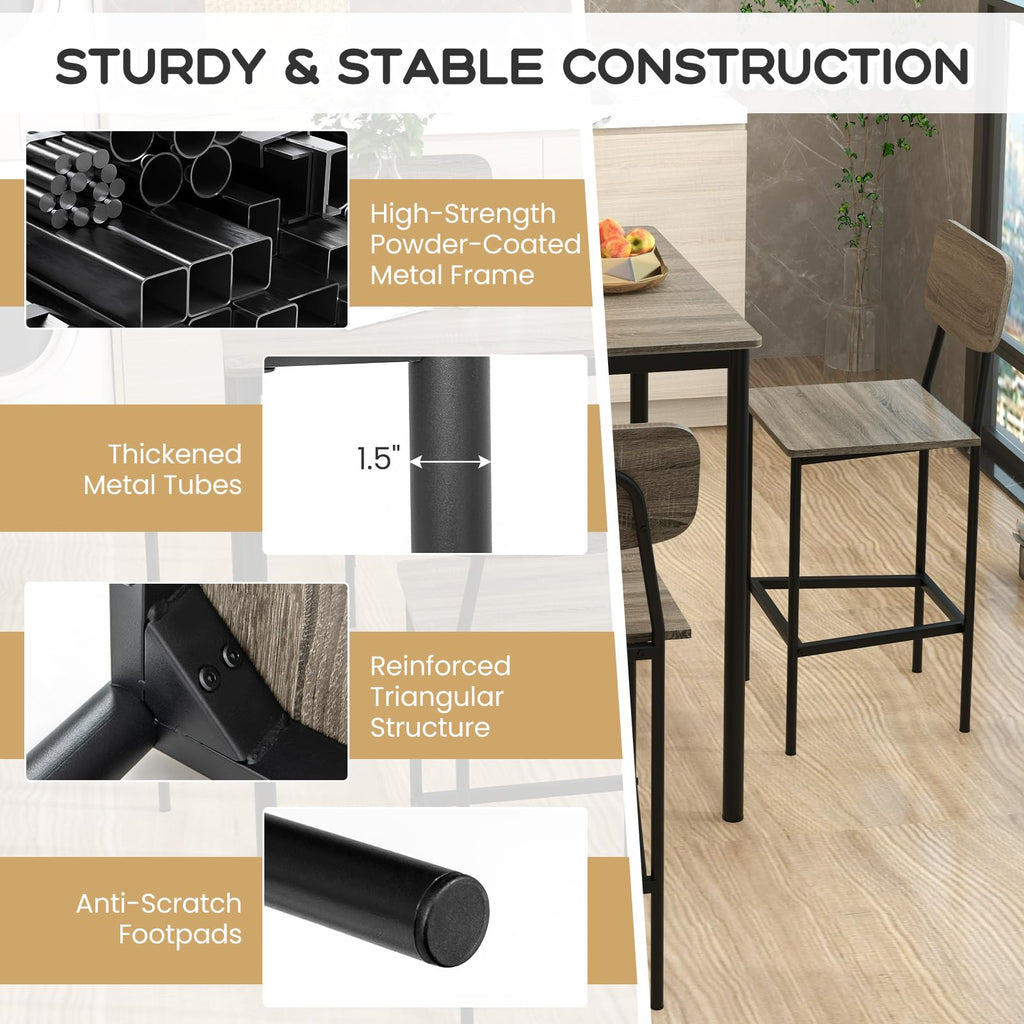 5-Piece Dining Table Set W/Counter Height Table & 4 Bar Stools, Modern Kitchen Dining Set W/Footrest & Backrest