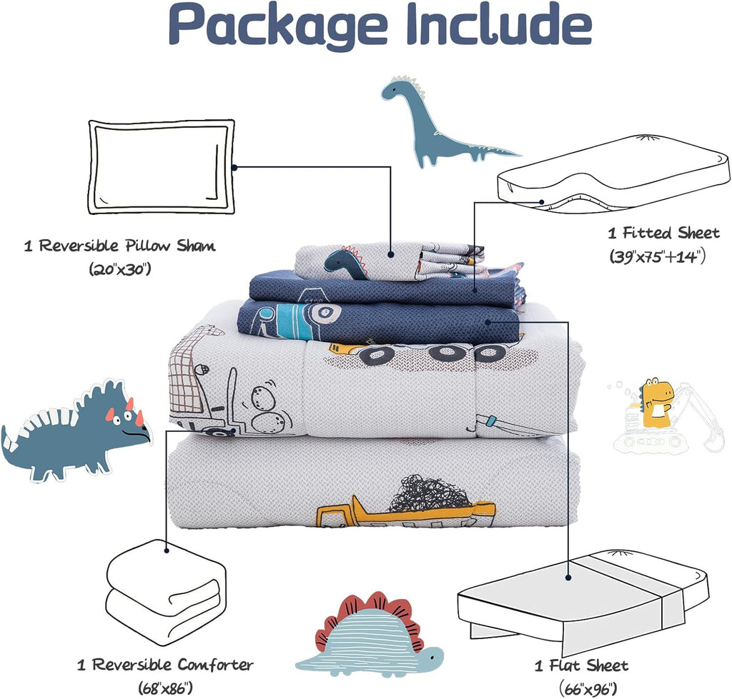 Cotton Twin Bedding Set, Dinosaur Cars Reversible Twin Comforter Set for Kids Boys Girls, 4 Pieces Bed in a Bag